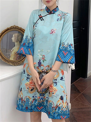 Loong Print Qipao Midi Dress for Ladies