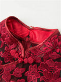 Women's Elegant Flower Embroidery Red Lace Qipao Dress