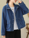 Women's Trendy Lapel Long Sleeve Patch Pocket Denim Jacket