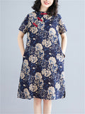 Women's White Peony Print Knee Length Navy Blue Qipao Dress