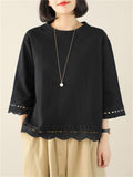 Female Lace Patchwork Crew Neck 3/4 Sleeve Shirt