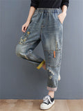 Women's Frayed Patch Printed Elastic Waist Multi-pocket Jeans