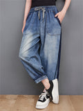 Female Leisure Washed Effect Drawstring Dark Blue Jeans