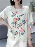 Female Spring Summer Butterfly Flower Embroidery White Mesh Shirt