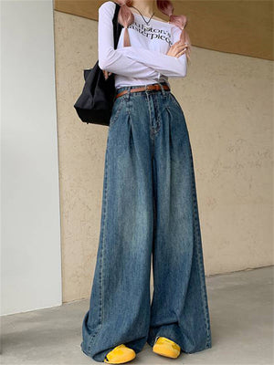 Ladies High-Rise Vintage Floor-length Jeans with Belt