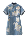 Ladies Auspicious Beast Qilin Chic Denim Qipao Dress