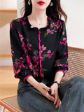 Rose Red Lily Print Ruffled Collar Long Sleeve Shirt for Ladies