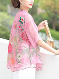 Peony Butterfly Print Plus Size Chiffon Shirt for Lady