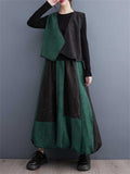 Casual Black Green Contrast Color Lace Up Vest + Lantern Skirt