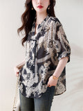 V Neck Tassel Button Floral Print Breathable Shirt for Lady