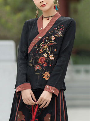 Ethnic Style Flower Embroidery Women's V Neck Lace Up Shirt