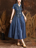 Ladies Elegant V Neck Hand-Embroidered Button Pleated Dress