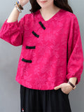 Women's Retro V Neck Floral Pattern Long Sleeve Shirt