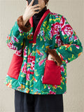 Country Style Red & Green Floral Print V-Neck Plush Liner Coat