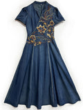 Retro Flower Embroidery Female V Neck Denim Pleated Dress