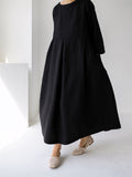 Oversized Round Neck Cotton Linen Pleated Dress for Lady