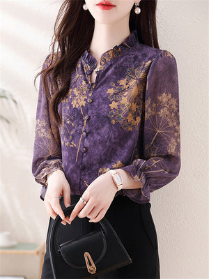 Women's Gold Floral Print Stand Collar Long Sleeve Purple Shirt
