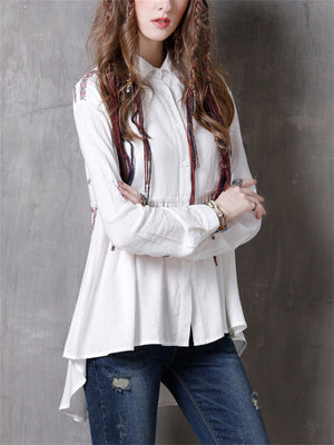 Female Chic Embroidery Button Up Irregular Hem White Shirt