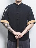 Crane Embroidery Casual Vintage T-shirts for Men