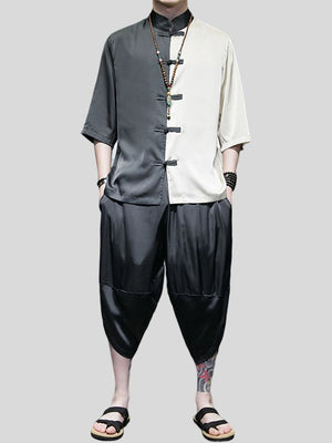 Male Color-blocked Shirt + Cropped Pants Silky Suits