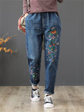 Female Leisure High-Rise Drawstring Embroidery Washed Denim Pants