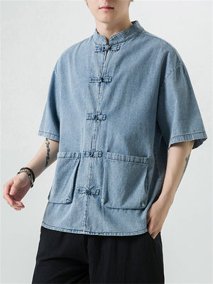 Chinese Style Button Up Patch Pocket Denim Shirt for Men