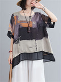 Women's Retro Print Round Neck Half Sleeve Cozy Chiffon Shirt