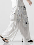 Men's Zen Ocean Wave Flying Crane Print Loose Hakama Pants