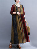 Ethnic Style Multicolor Stripe Round Neck Holiday Dress for Lady