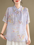 Ginkgo Leaf Print Stand Collar Tassel Button Female Shirt