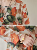 Orange Green Leaf Print Spring Loose Dress for Women