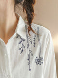 Floral Embroidery Spring Lapel Cotton Shirt for Women