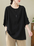 Women's Decorative Button Round Neck Relaxed Pullover Shirt