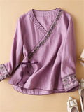 Female Ethnic Style V Neck Embroideried Side Lace Up Cotton Shirt