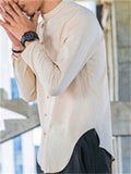 Male Linen Cotton Slim Fit Banded Collar Long Sleeve Shirt