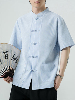 Men's Chinese Style Stand Collar Knot Button Summer Striped Shirt