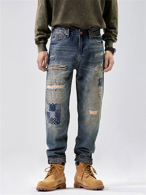 Stylish Patchwork Design High-Rise Ripped Blue Jeans for Men