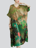 Summer Lotus Print V Neck Silk Wide Dress for Lady