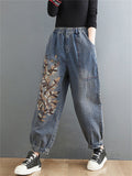 Women's Casual Plant Embroidery Loose Denim Harem Pants