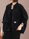 Ladies Simple Stand Collar Pocket Button Up Jacket