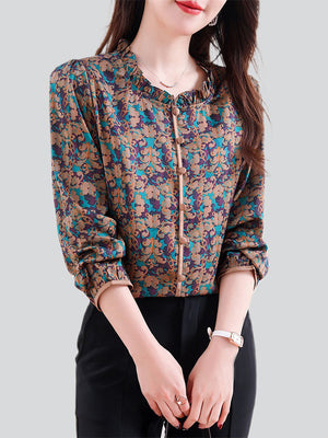 Beautiful Stand Collar Print Decorative Button Shirt for Ladies