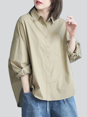 Relaxed Pure Color Female Long Sleeve Pocket Shirts