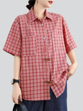 Cute Leaf Patch Button Up Lapel Retro Plaid Shirt for Women