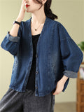 Ladies Korean Style V-Neck Button Up Short Denim Jacket