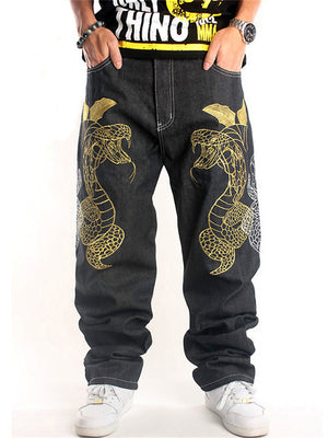 Golden Snake Letter Embroidery Hip Hop Jeans for Men