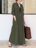 Minimalist Lapel Collar Long Sleeve Pocket Maxi Shirt Dress