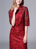 Women's Elegant Flower Embroidery Red Lace Qipao Dress