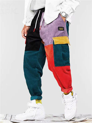 Fashion Color Block Patchwork Multi-Pocket Corduroy Pants