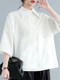 Black & White Simple Lapel Button Up 3/4 Sleeve Shirt for Women