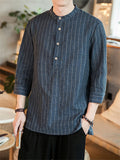 Relaxed Cotton Linen Stylish Striped Men's 3/4 Sleeve Shirt